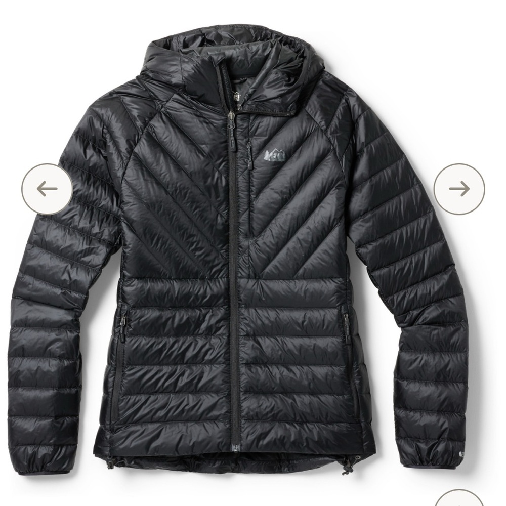 REI co-op women’s packable down jacket. Dark gray color.